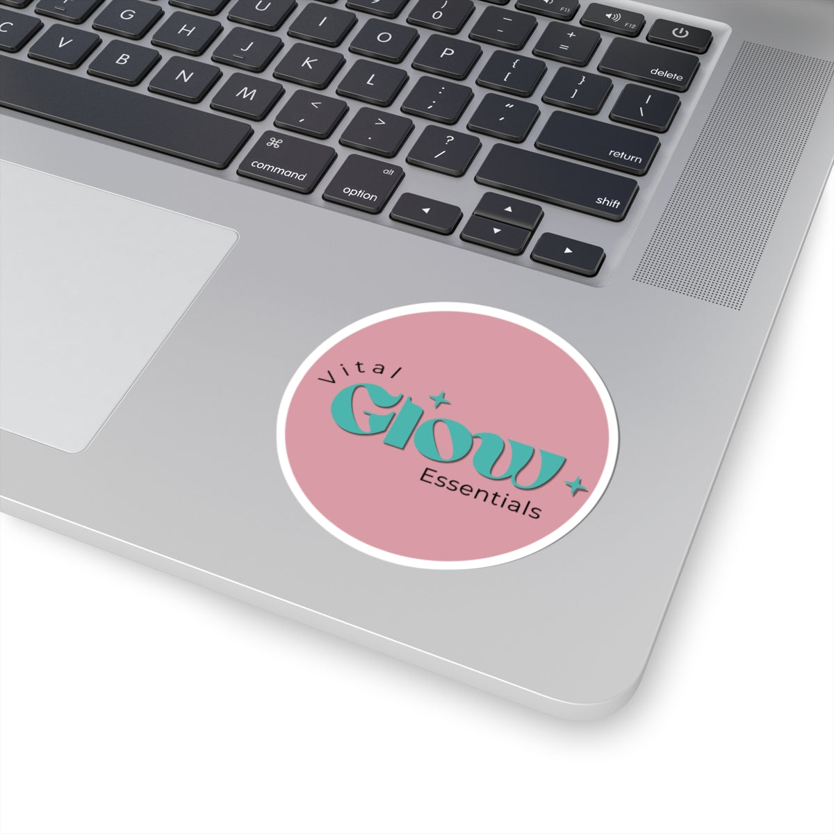 Vital Glow Essentials Round Sticker — Pink Retro Logo Kiss-Cut Sticker for Laptops & Water Bottles