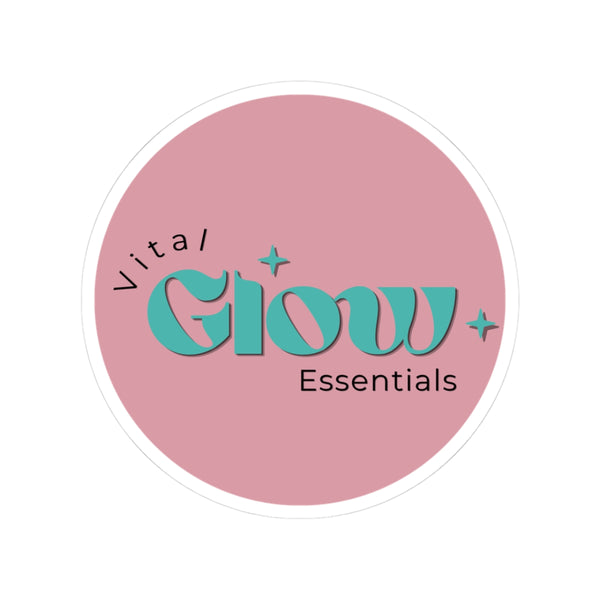 Vital Glow Essentials Round Sticker — Pink Retro Logo Kiss-Cut Sticker for Laptops & Water Bottles