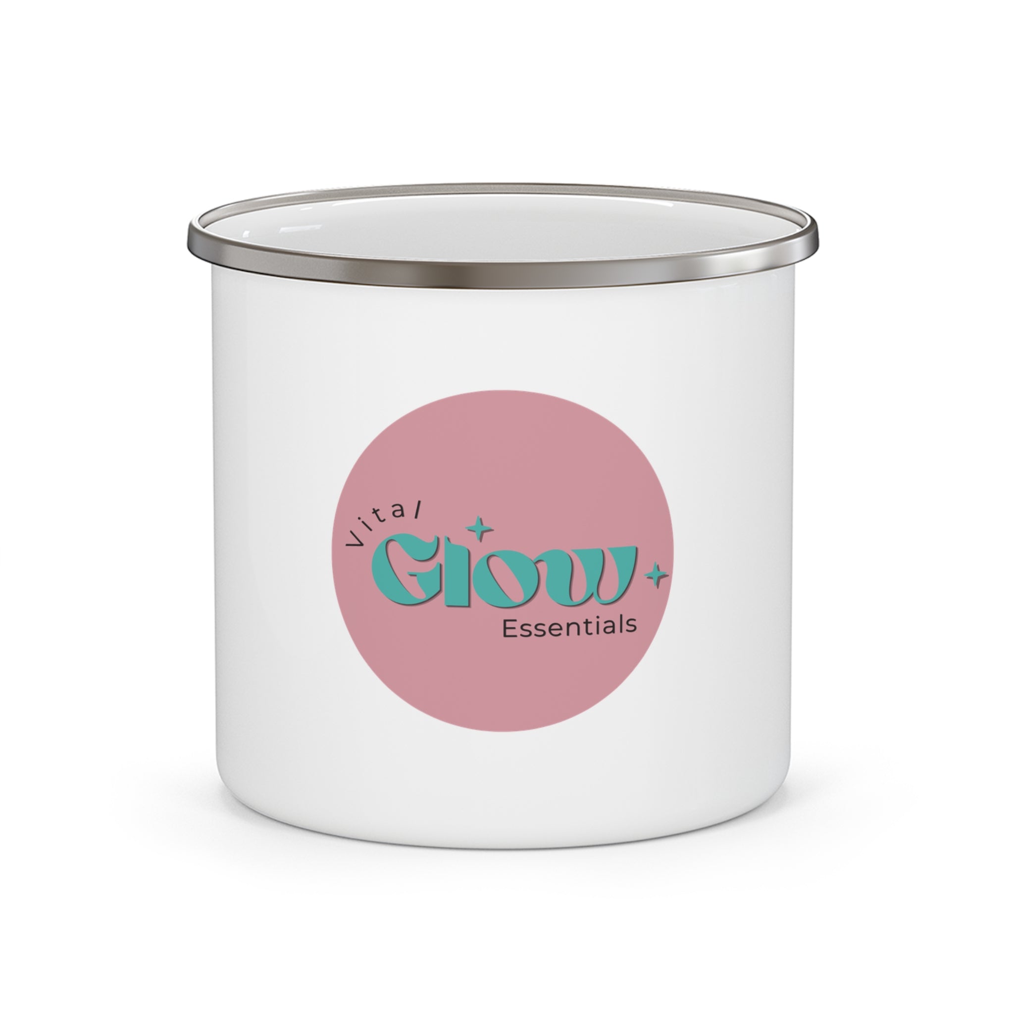 Enamel Camping Mug — 'Glow Essentials' Retro Logo Outdoor Coffee Cup