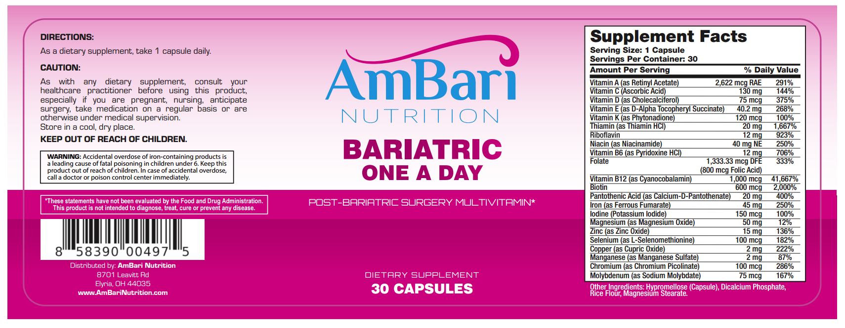 Bariatric One-A-Day Multivitamin Daily Nutrition Supplement