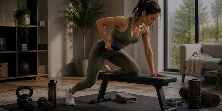 Woman performing dumbbell rows on bench in modern home gym