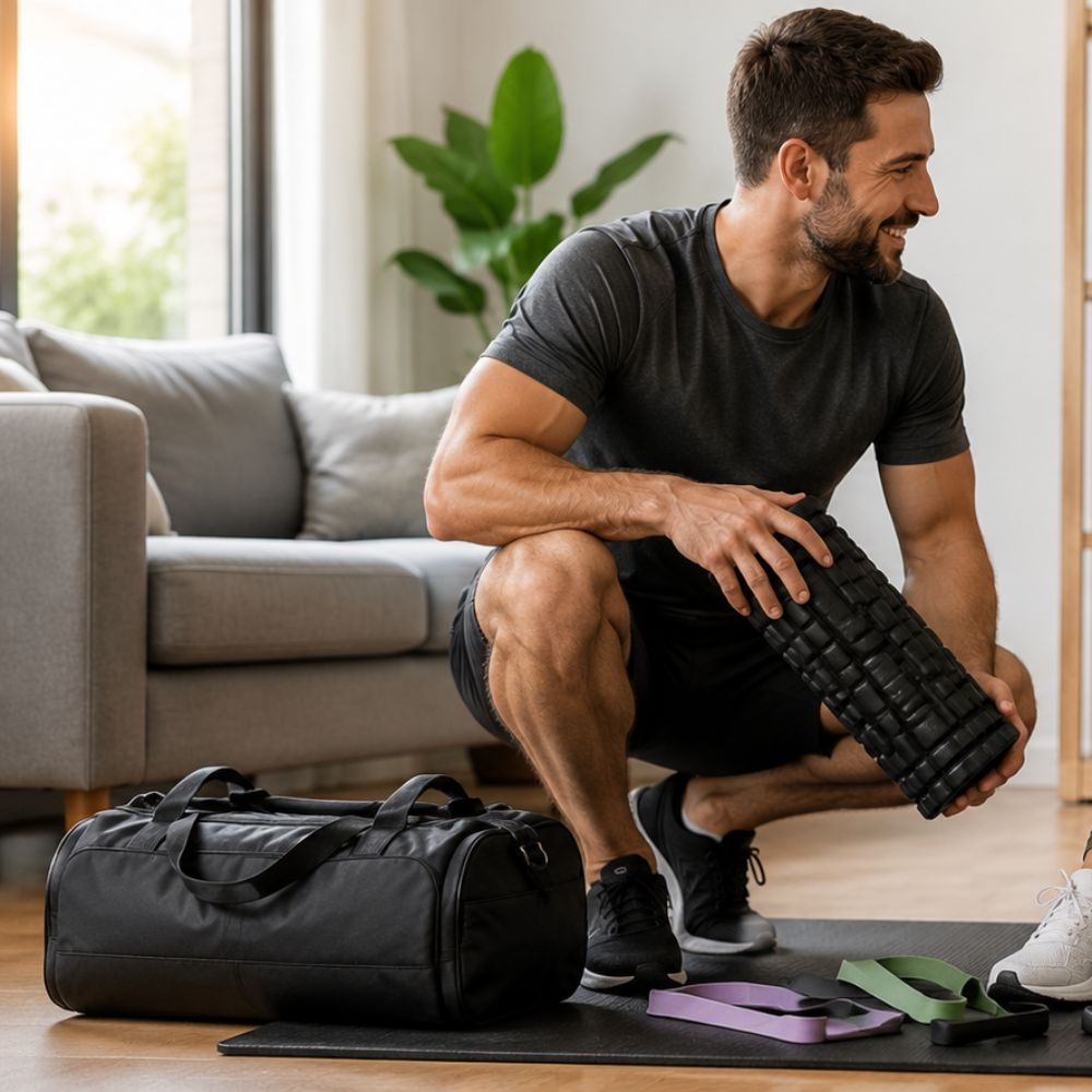 Smiling man holding foam roller with resistance bands on yoga mat