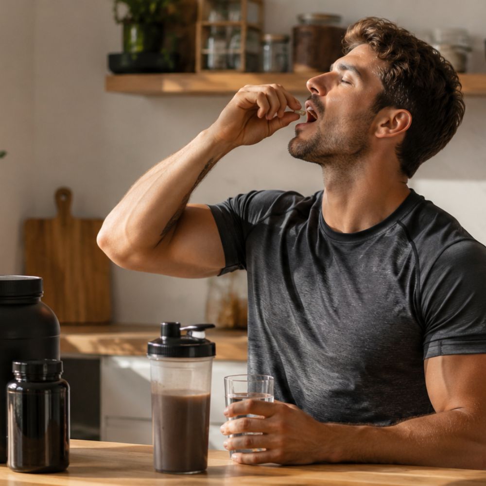Fit man taking supplement capsules with protein shake in kitchen
