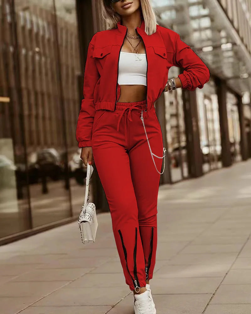 Women’s Zipper Crop Jacket & High Waist Pants