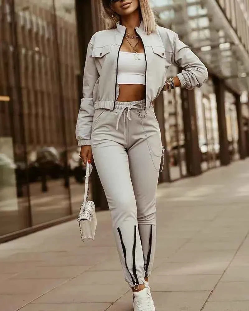 Women’s Zipper Crop Jacket & High Waist Pants
