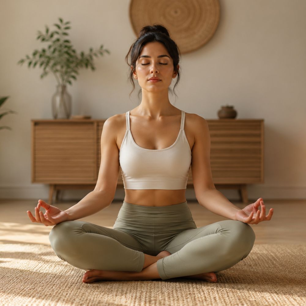 Calm woman sitting in lotus pose meditating in bright minimal room